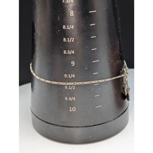 Vtg Dainty 925 Sterling Silver Figaro Chain Heart & Rhinestone 'T' Charm Anklet - Picture 5 of 5